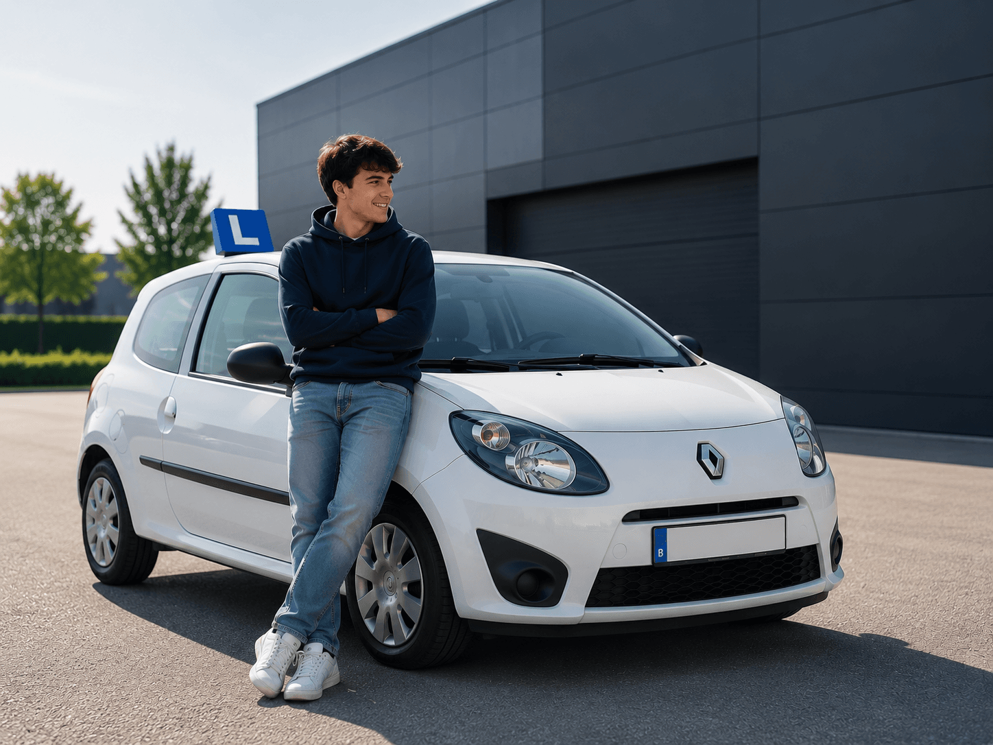 Jeune conducteur souriant appuye sur sa premiere voiture, plaque d'apprentissage L sur le toit